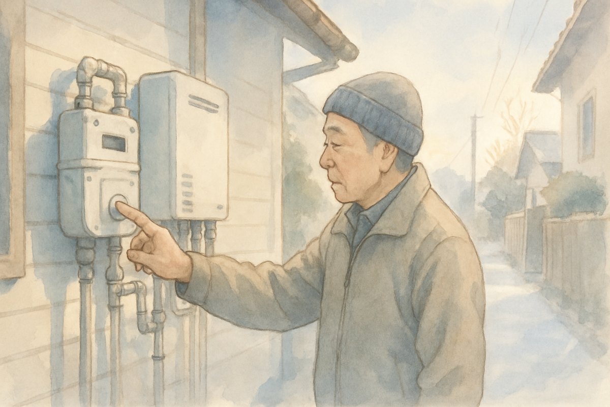 屋外のガスメーターの復帰ボタンを押す男性。横に給湯器と配管の栓が見える