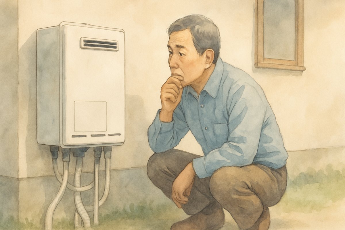 給湯器の側面のシールで製造年と型番を確かめる男性。修理か交換かを考えるイラスト