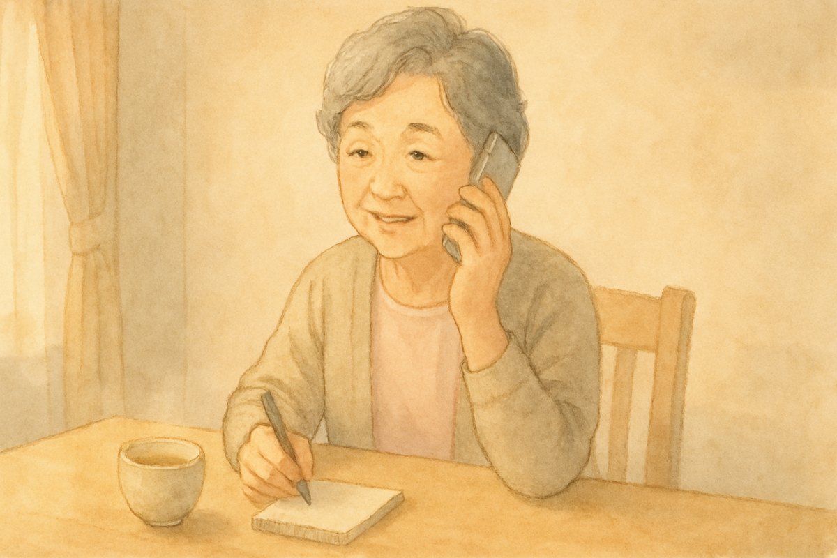 食卓でスマートフォンを手に修理の頼み先へ電話する女性。手元のメモに型番を書いている