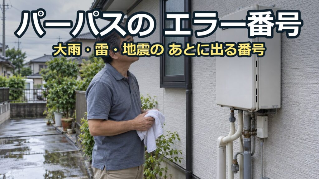 雨が上がった屋外で、外壁の給湯器を見上げて確かめている50代の男性