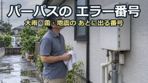 雨が上がった屋外で、外壁の給湯器を見上げて確かめている50代の男性