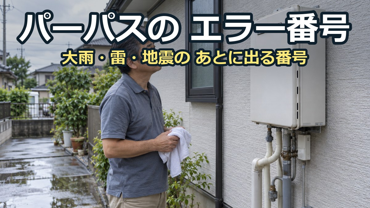雨が上がった屋外で、外壁の給湯器を見上げて確かめている50代の男性