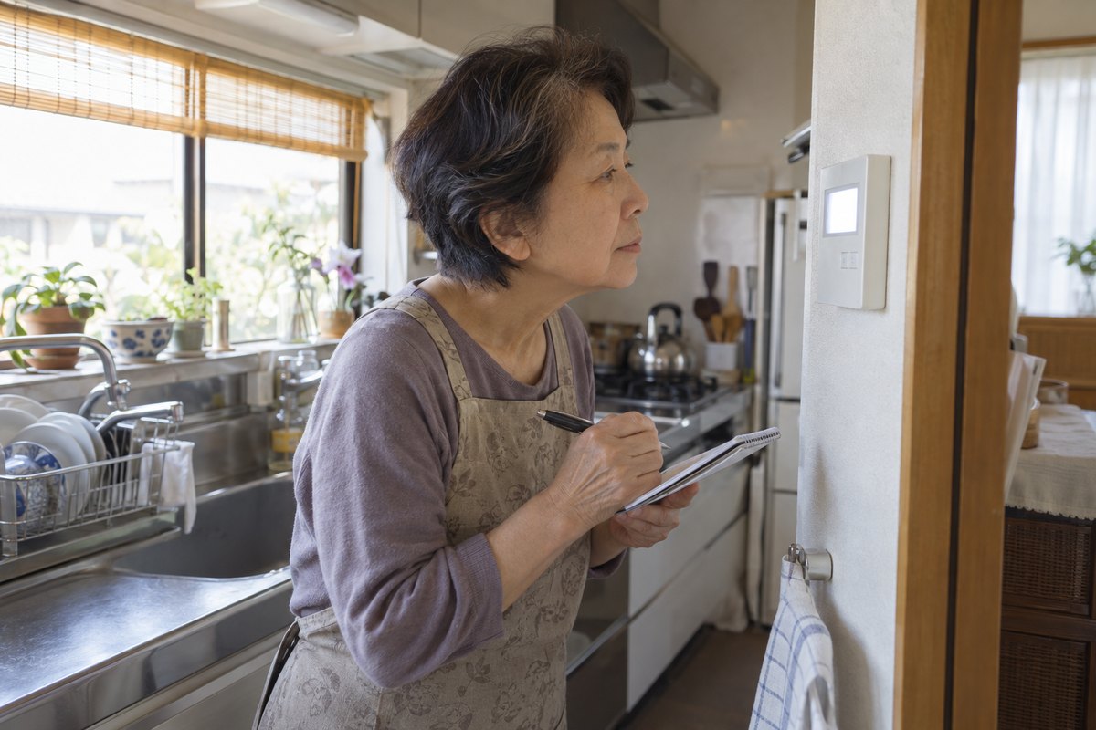 台所の壁のリモコンを見ながら、手帳に書き写している60代の女性