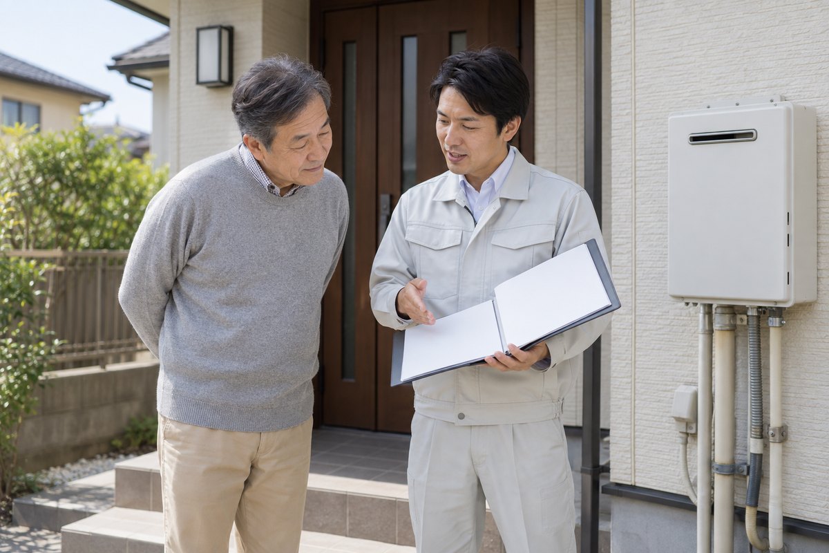 玄関先で書類を見せながら説明している作業員と、のぞき込んでいる60代の男性
