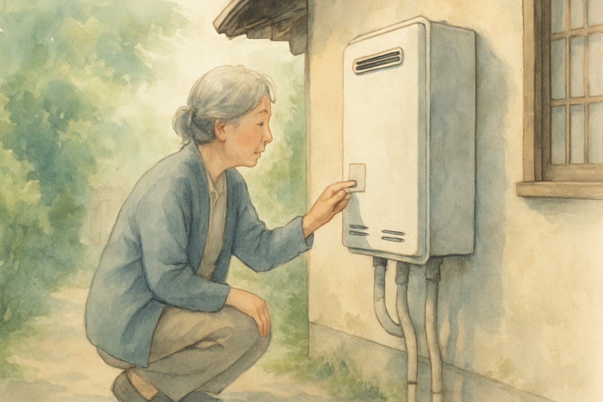 家の外壁の給湯器のそばでしゃがみ、本体のシールを読む60代の女性