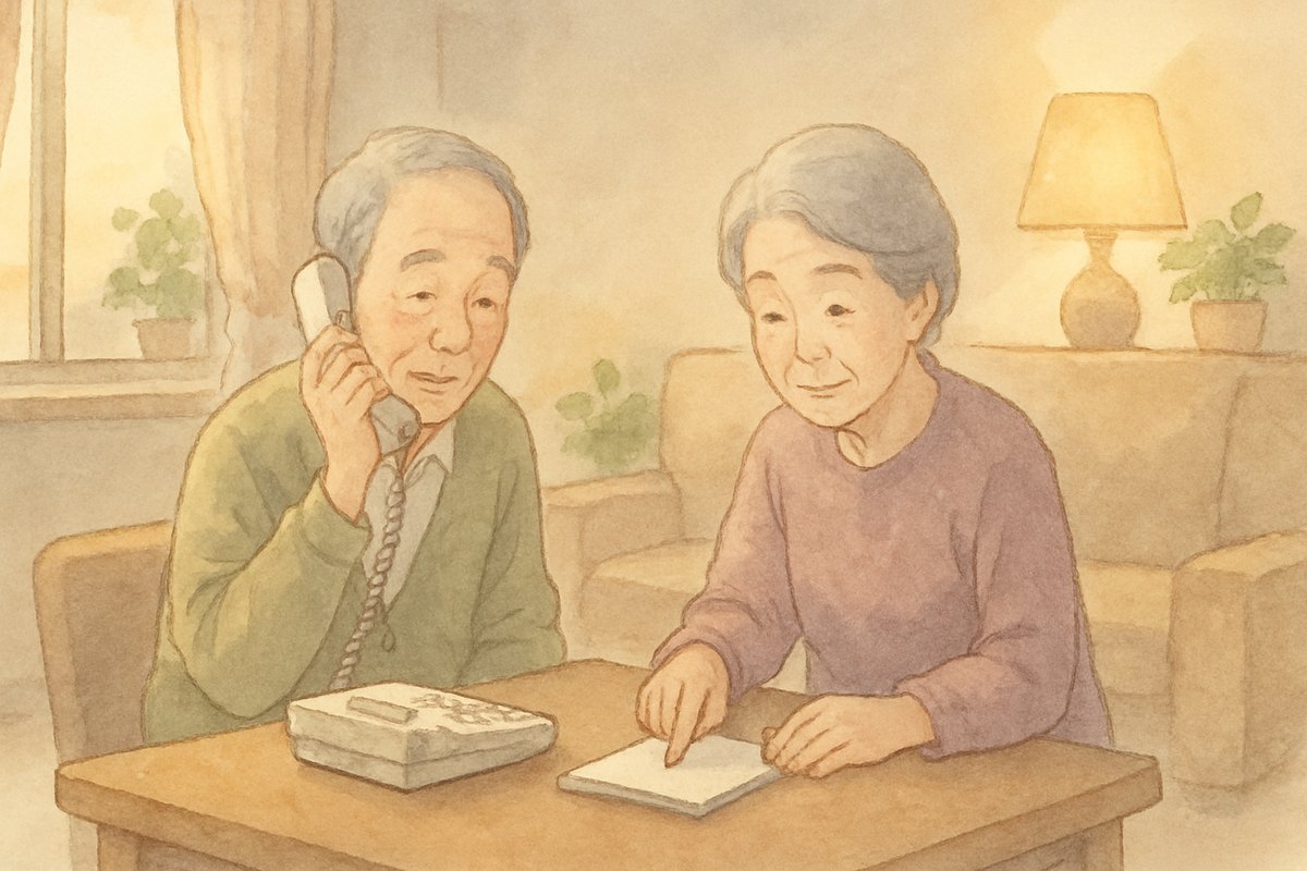 居間で電話をかけながら、もう一人がメモを指さす年配の夫婦