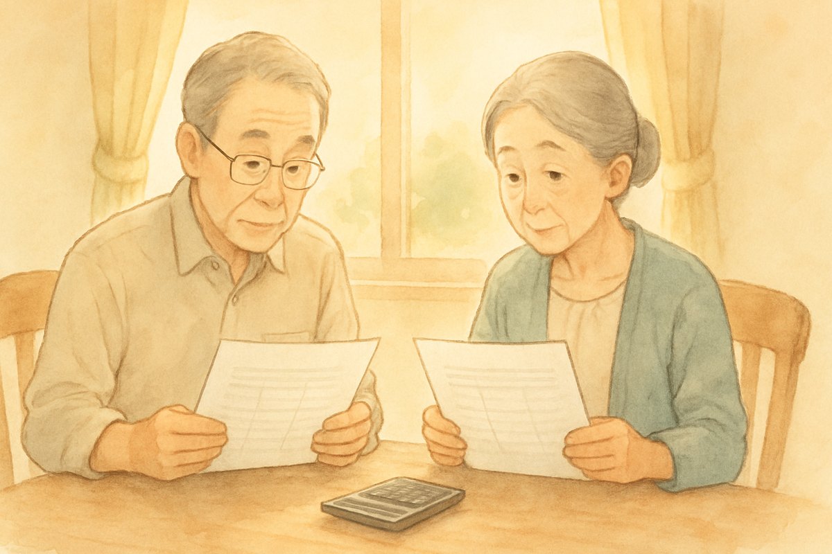 食卓で2枚の見積書を並べて見比べる年配の夫婦