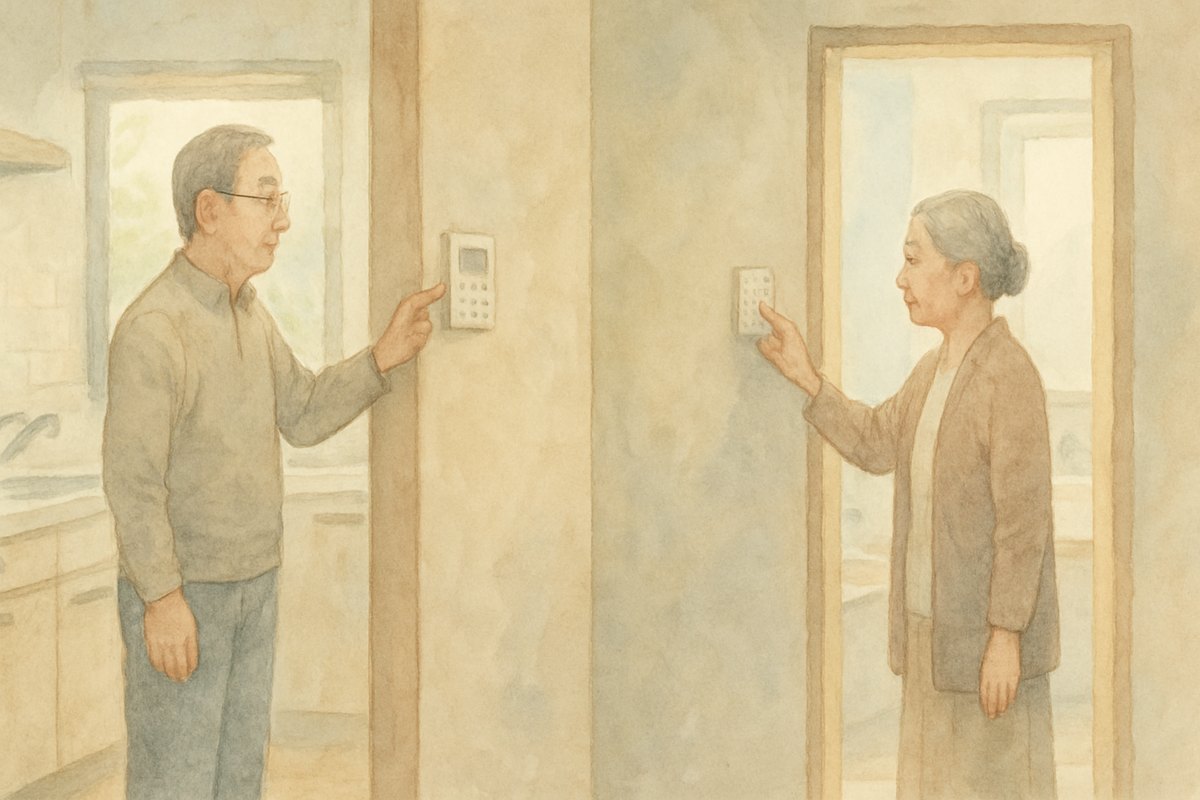 台所と浴室で、60代の夫婦がそれぞれ別のリモコンに手を伸ばしている
