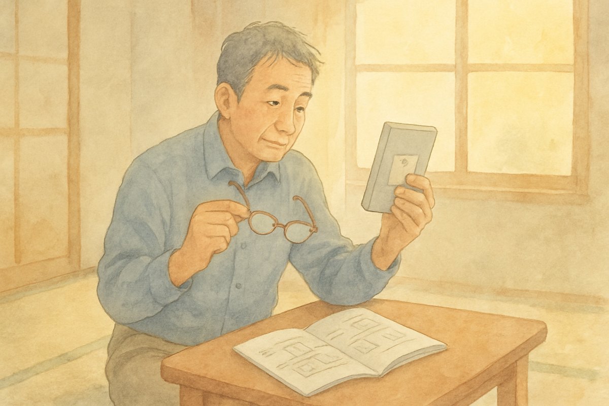 取扱説明書を広げ、手に持ったリモコンの設定を確かめる50代の男性