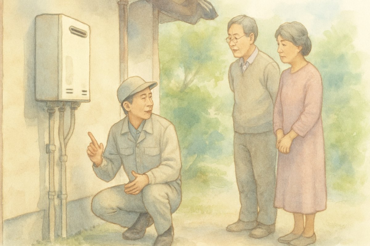 家の外の給湯器の横でしゃがみ、60代の夫婦に説明している作業員