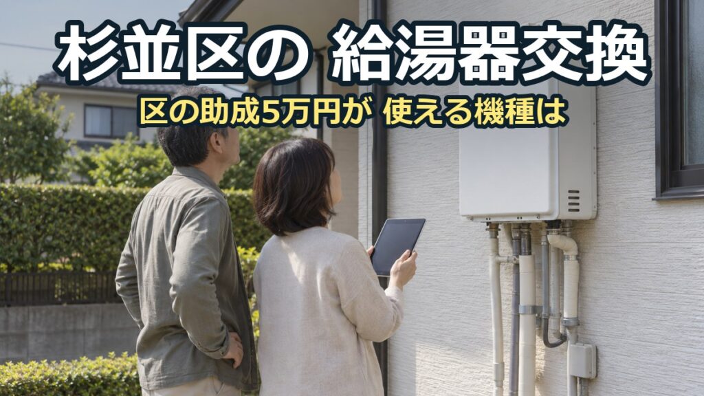 杉並区の住宅の外壁に付いた給湯器を、タブレットを持った夫婦が見上げている