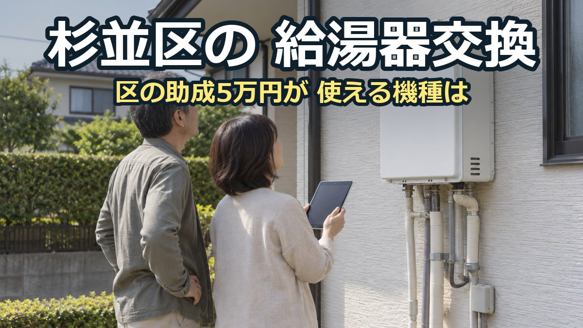 杉並区の住宅の外壁に付いた給湯器を、タブレットを持った夫婦が見上げている