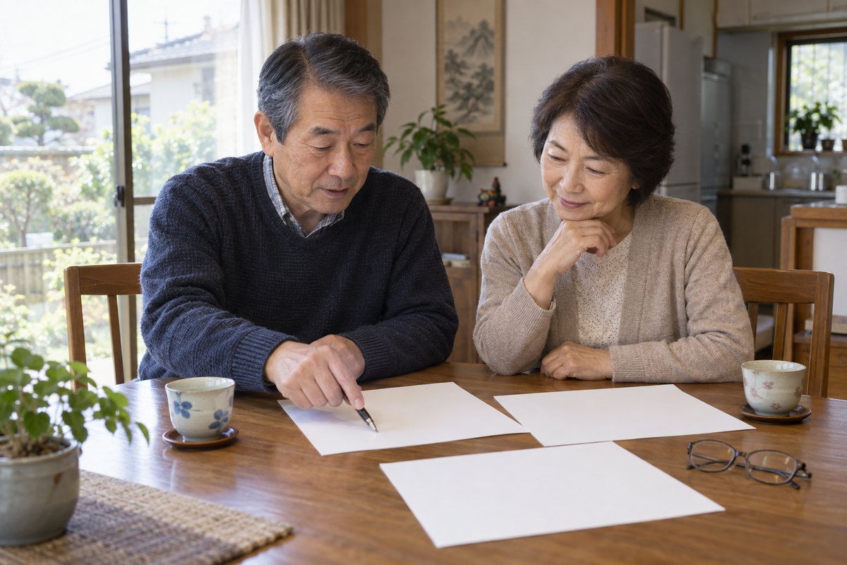 カタログと見積書を広げて、給湯器の機種を選んでいる60代の夫婦