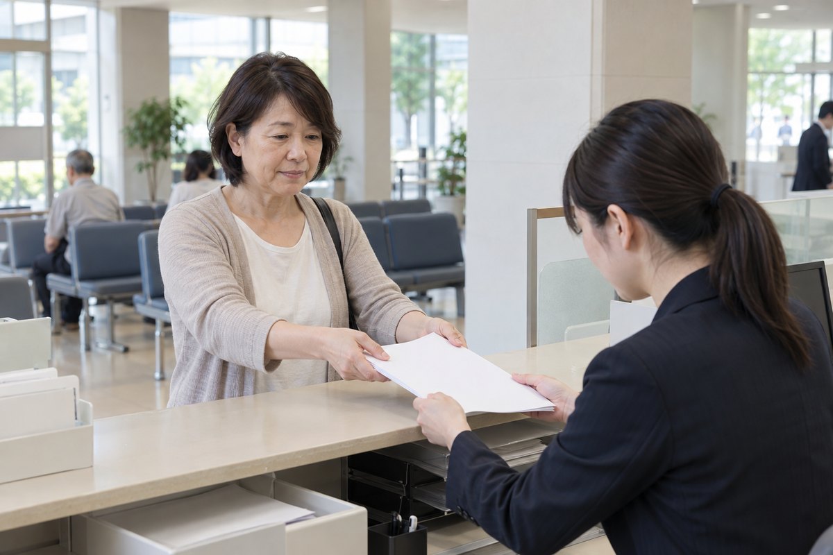 役所の相談カウンターで、書類を職員に渡している50代の女性