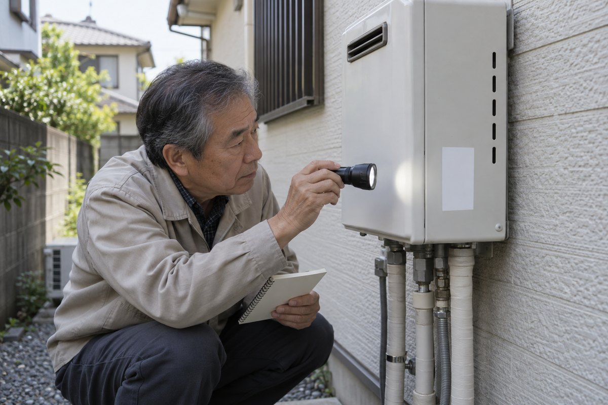 屋外の給湯器の前でしゃがみ、本体のシールを懐中電灯で照らして読んでいる60代の男性