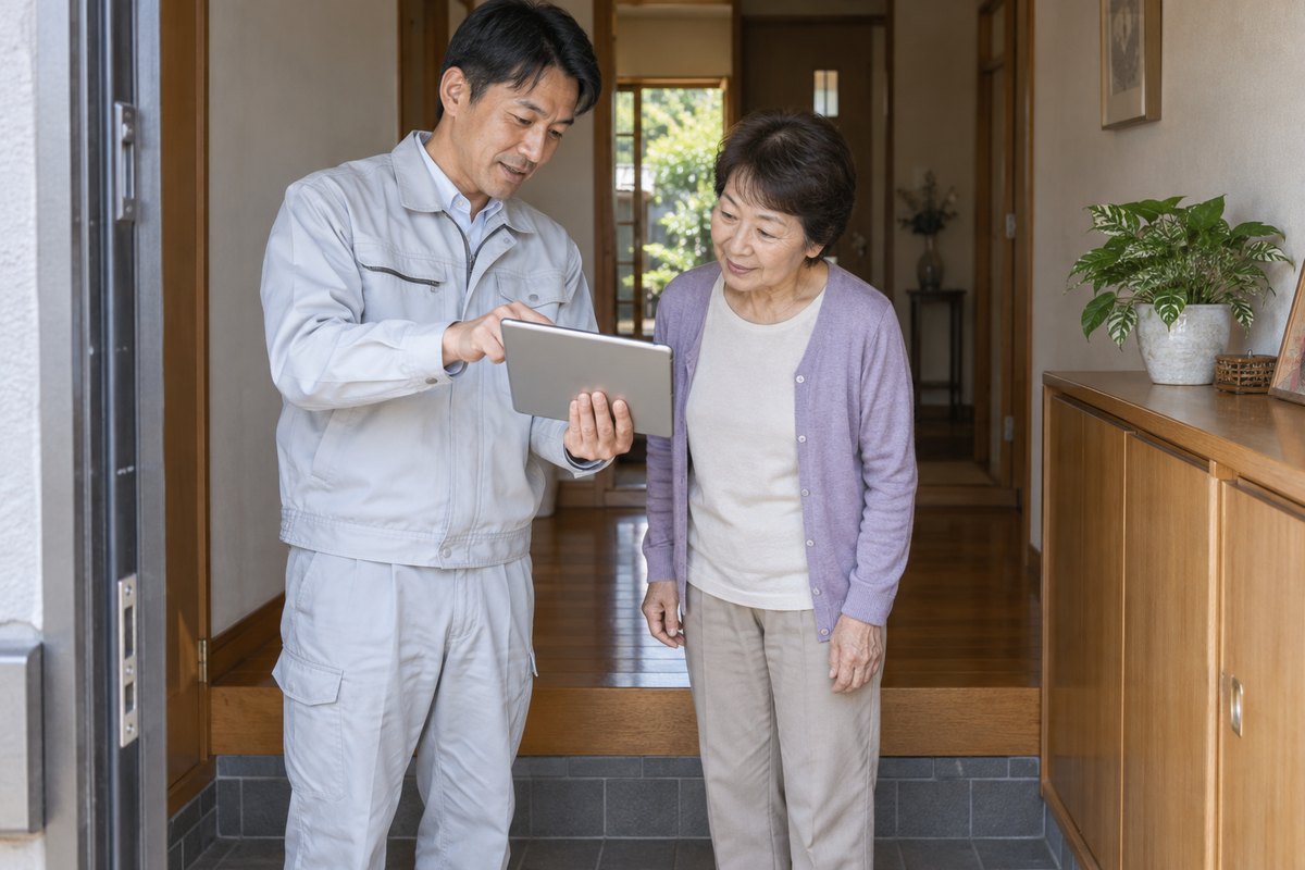 玄関で、作業員がタブレットの画面を見せながら60代の女性に説明している