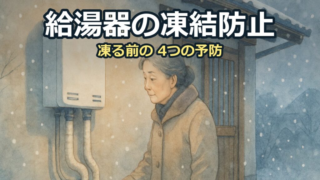 雪の降る夕方、家の外壁の給湯器と保温材を巻いた配管を見る年配の女性