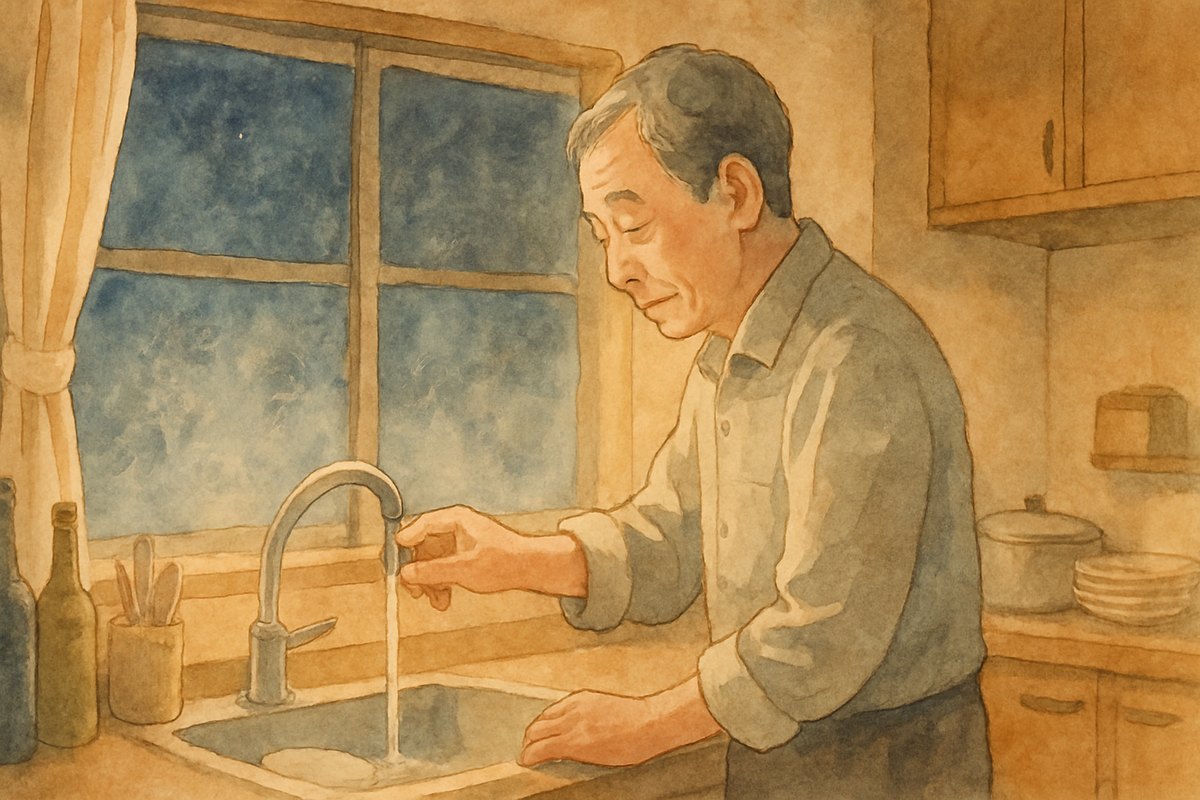 冬の夜の台所で、蛇口から細い水を流し続ける年配の男性