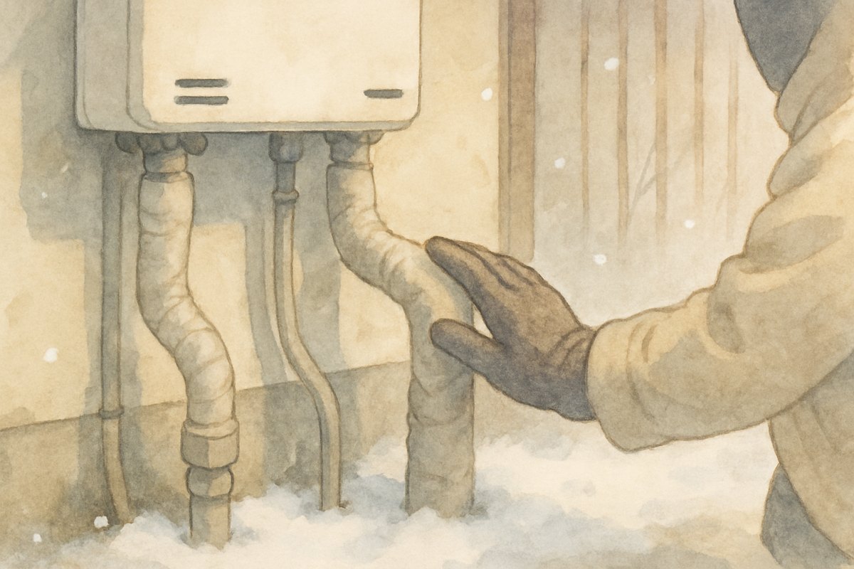 雪の積もった屋外で、給湯器の下の配管に巻いた保温材を手袋の手で確かめる様子