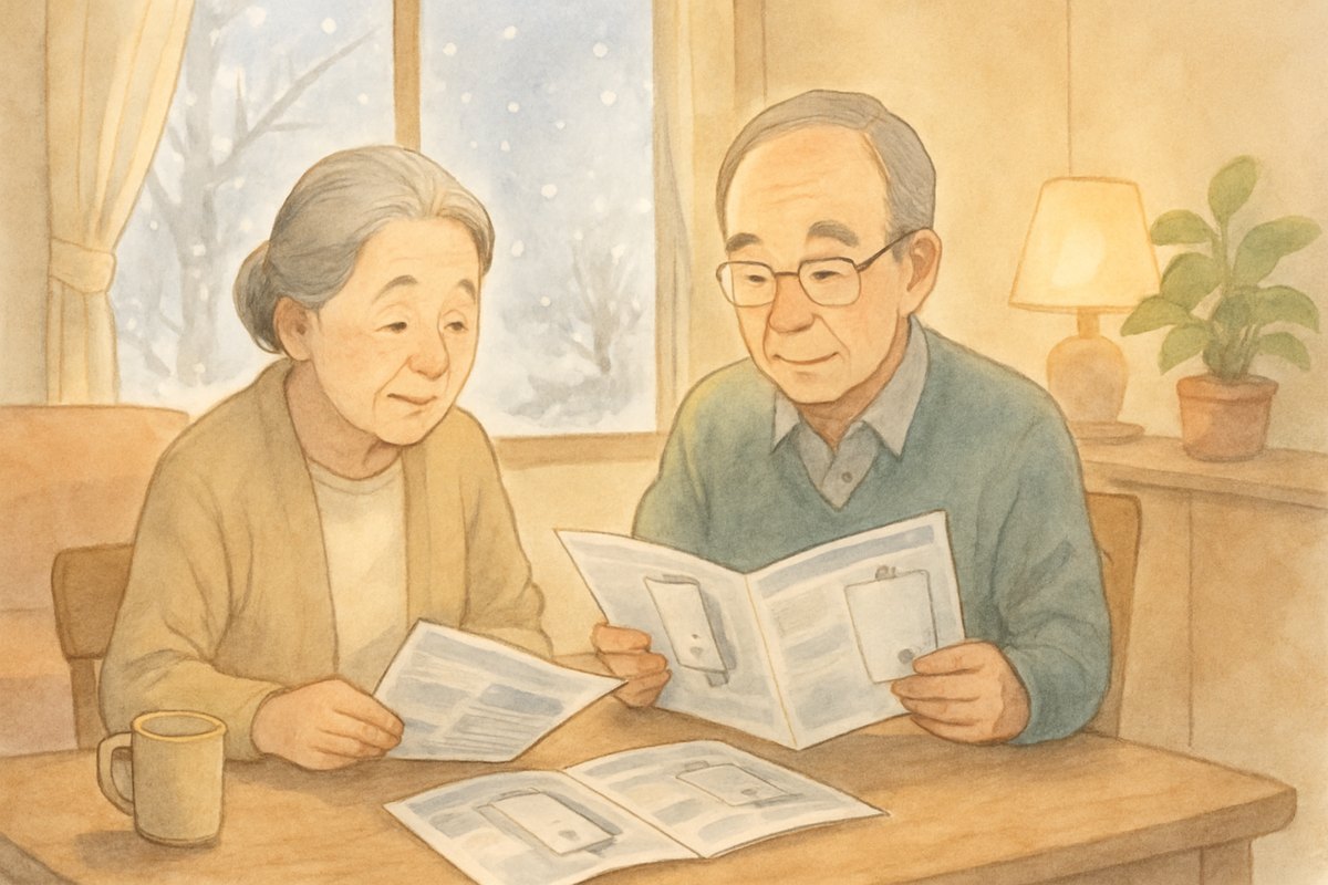 雪の見える居間で、給湯器のカタログを一緒に見比べる年配の夫婦