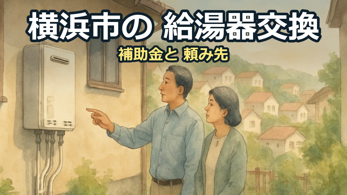 坂の住宅地に建つ家の横で、壁に付いた給湯器を見る50代の夫婦