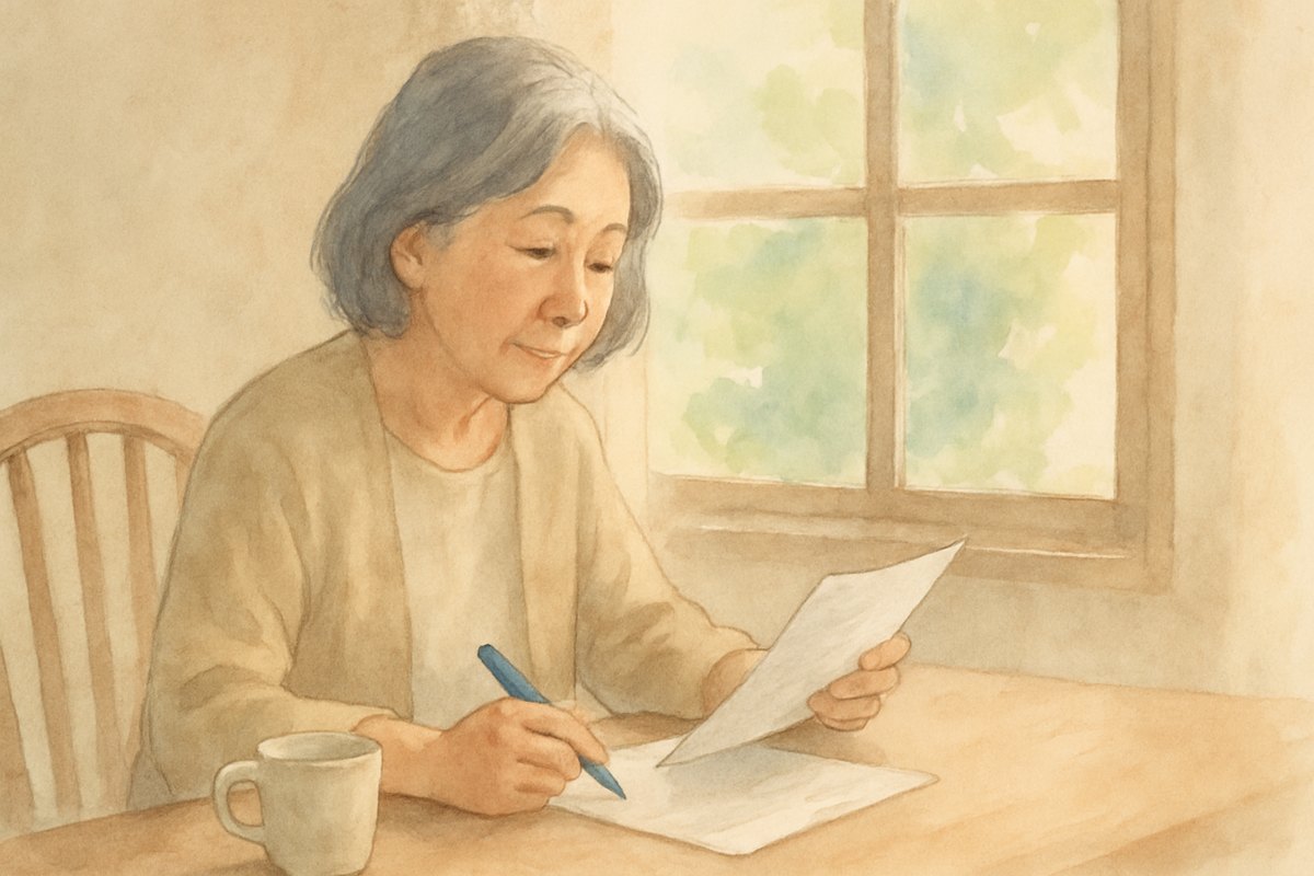 食卓でガスの請求書を見ながらメモを取る60代の女性