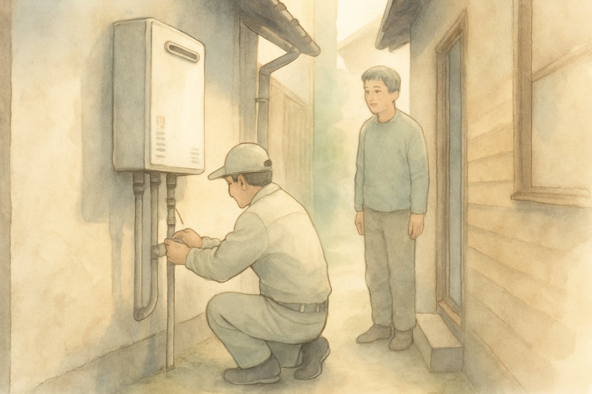 家と家の間の狭い場所で給湯器を見る作業服の職人と住人