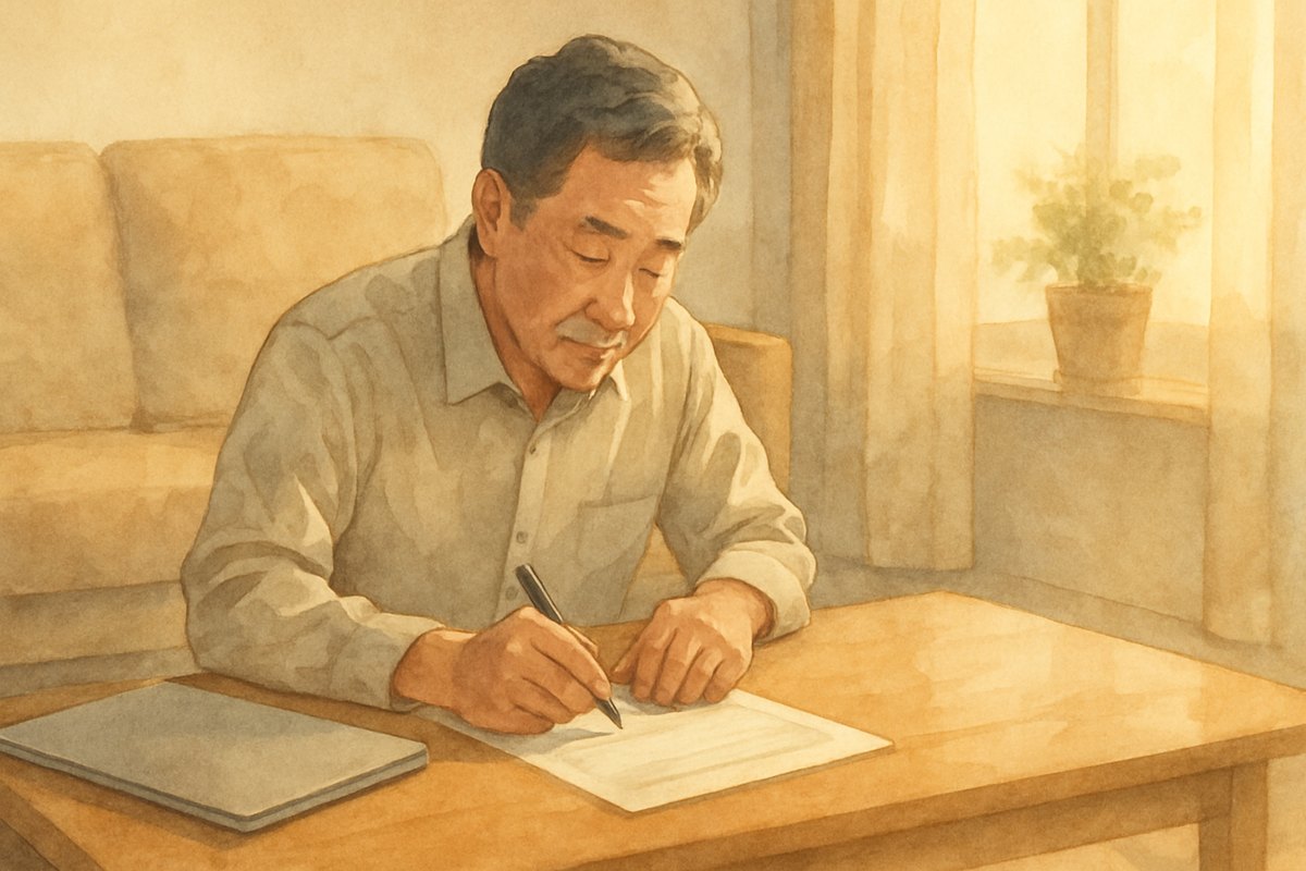 居間で補助金の申請書を自分で書き込む50代の男性