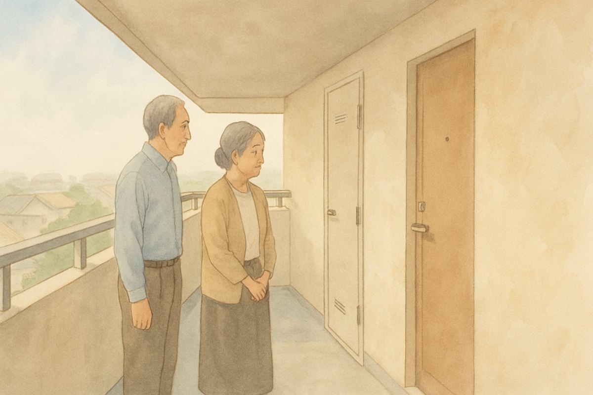 集合住宅の玄関横にある細長い扉を確かめる年配の夫婦