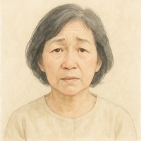 困った表情でこちらを見ている60代の女性の似顔絵