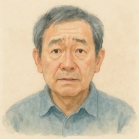 悩んだ表情でこちらを見ている60代の男性の似顔絵