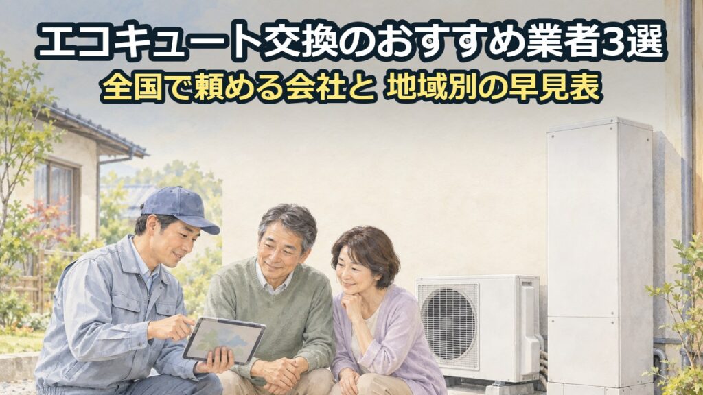 家の横のエコキュートの前で、作業着のスタッフからタブレットで説明を受ける50代の夫婦