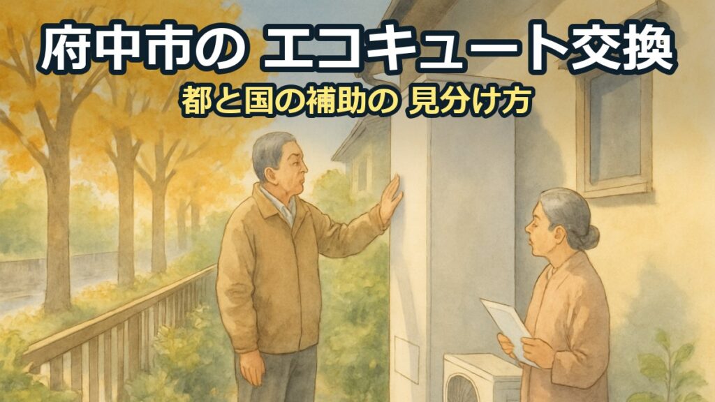 色づいた並木が見える秋の朝、家の横で白いエコキュートのタンクを確かめる60代の夫婦
