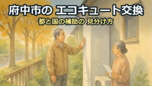 色づいた並木が見える秋の朝、家の横で白いエコキュートのタンクを確かめる60代の夫婦