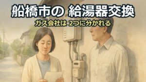 船橋市の住宅の外で、検針票を持った妻とガスメーターを見る夫が給湯器の前に立っている