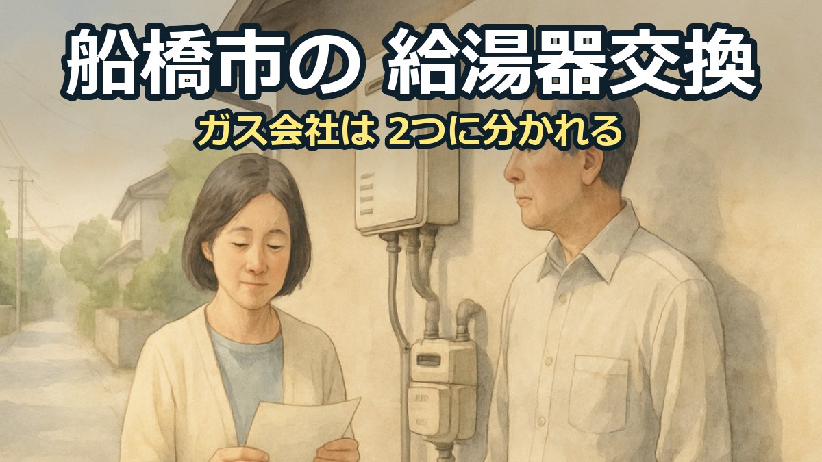 船橋市の住宅の外で、検針票を持った妻とガスメーターを見る夫が給湯器の前に立っている