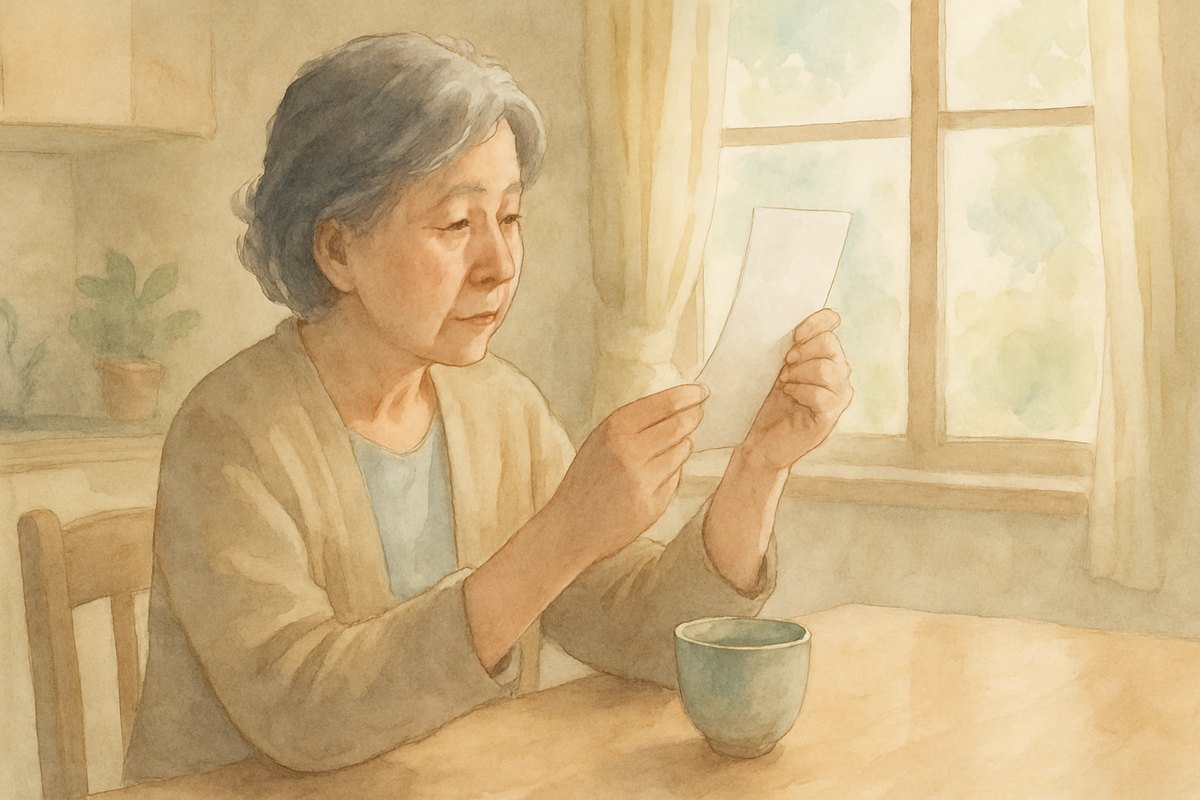 台所のテーブルで、検針票を明かりにかざして会社名を読んでいる60代の女性