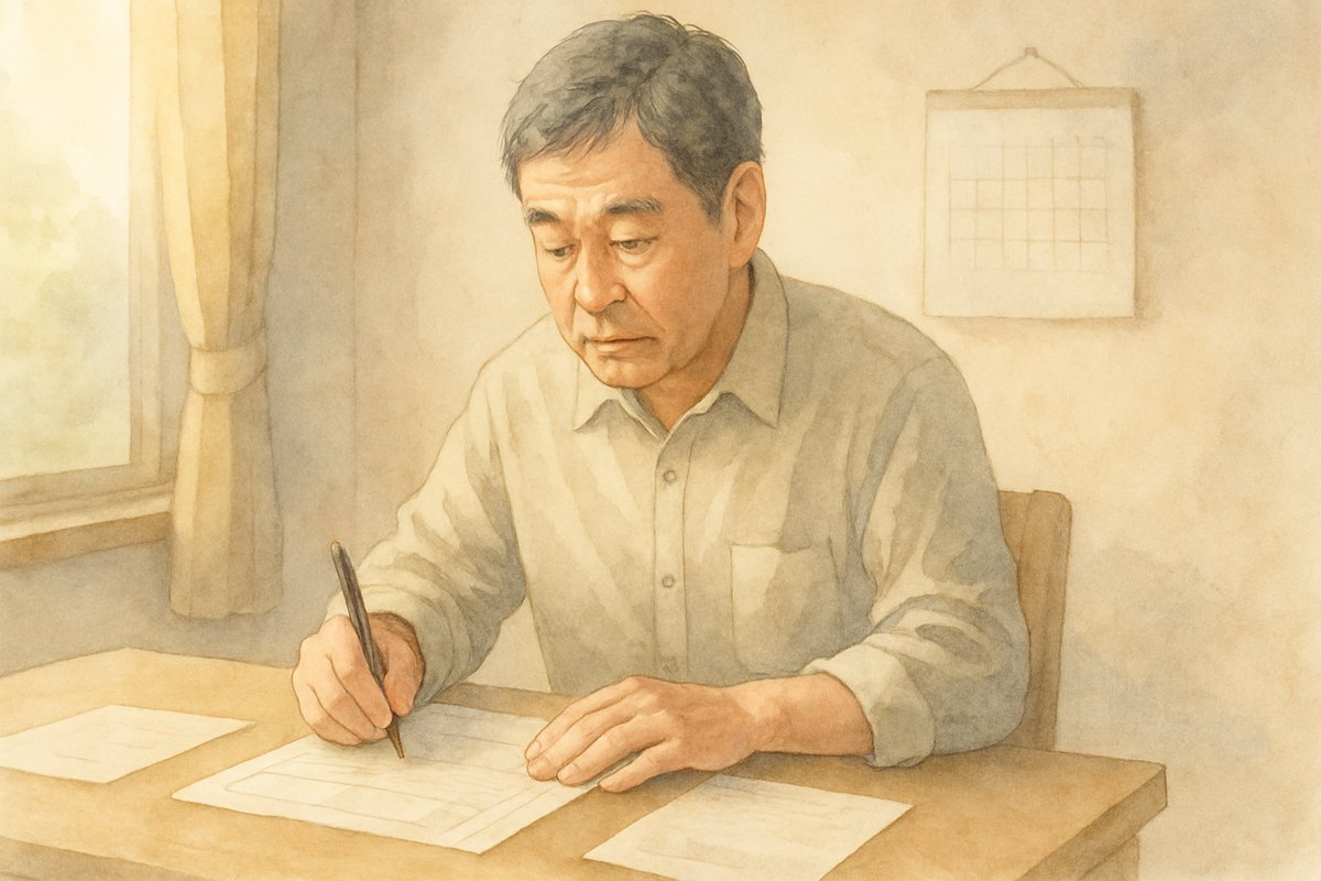 自宅の机で補助金の申請書類にペンで記入している50代の男性