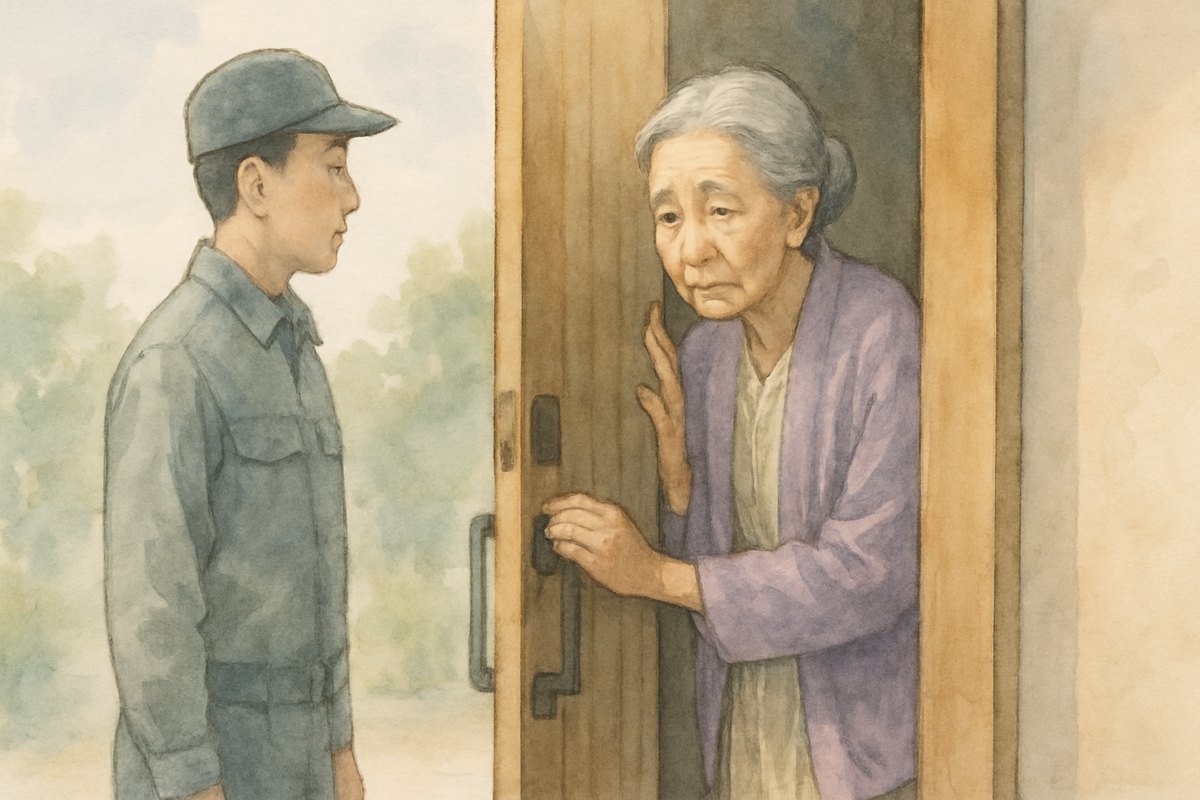玄関のドアを半分閉めたまま、作業服の訪問者に用心しながら応対している70代の女性