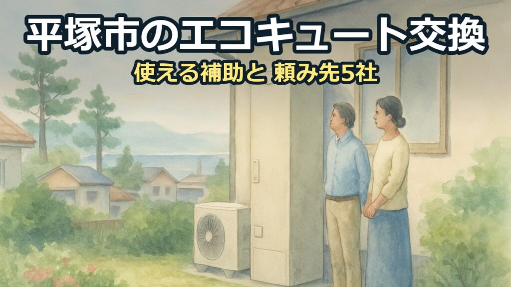 平塚市の海の近くの住宅の庭で、家の横のエコキュートの貯湯タンクとヒートポンプを見る50代の夫婦