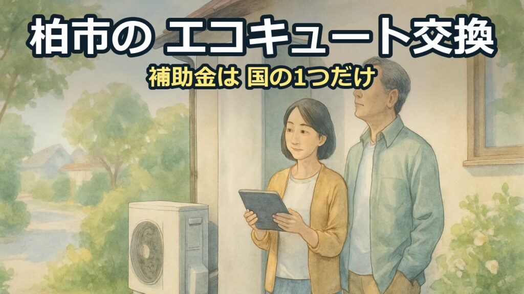 柏市の住宅の庭で、貯湯タンクとヒートポンプの前に立つ50代の夫婦