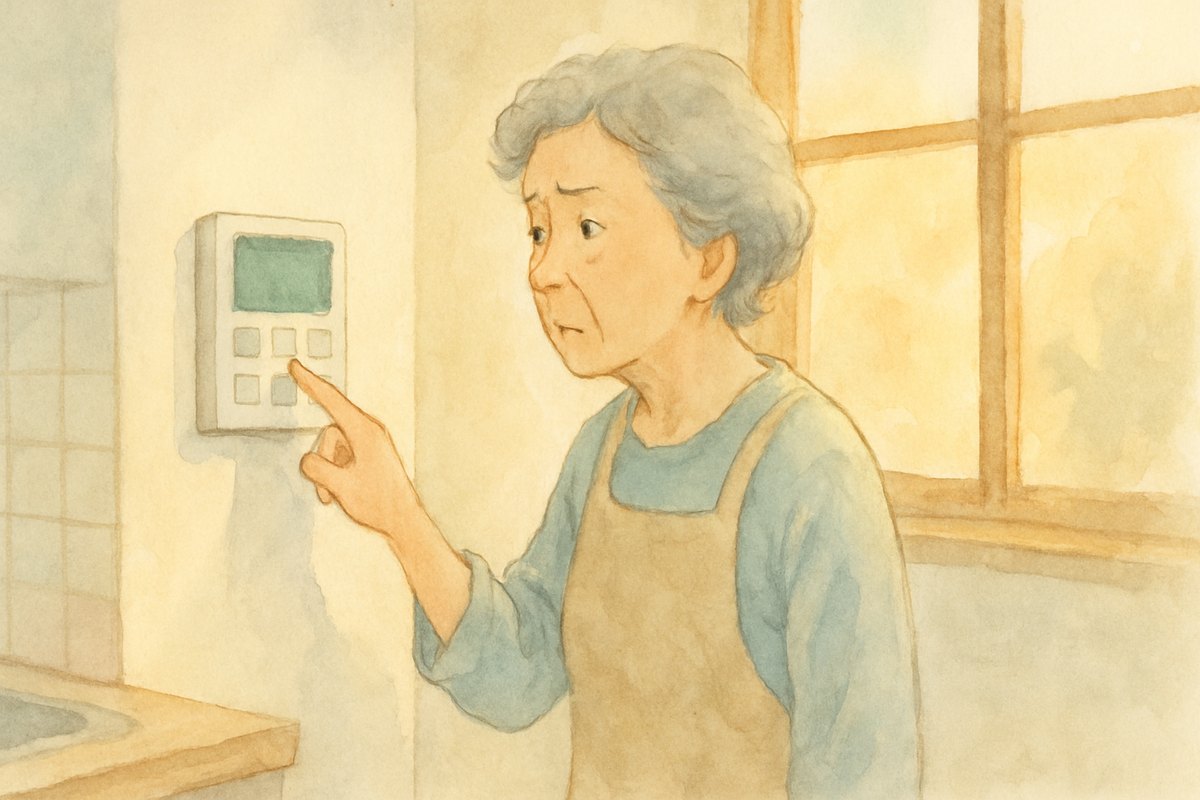 台所の壁のリモコンを押して、小さな表示を見ている60代の女性