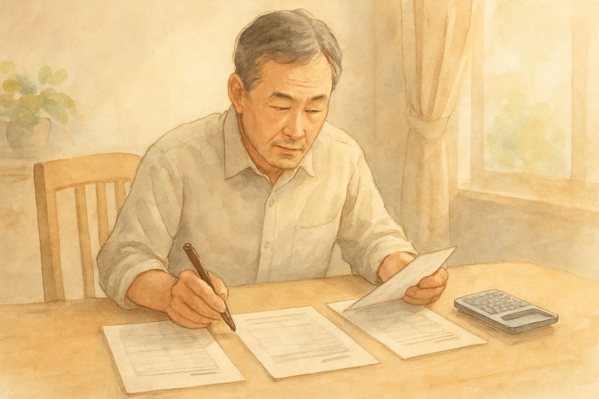 食卓で3枚の見積書を並べて見比べている50代の男性