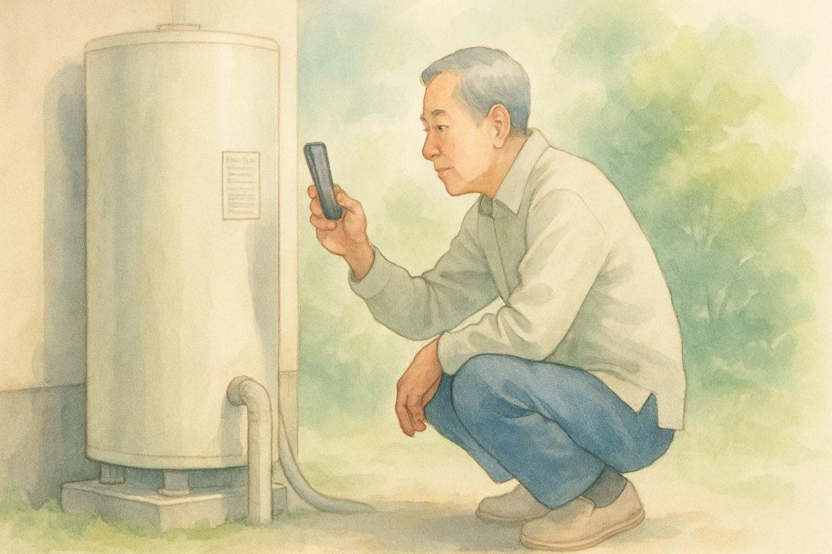 屋外の貯湯タンクのそばにしゃがみ、型番のシールをスマートフォンで撮っている60代の男性