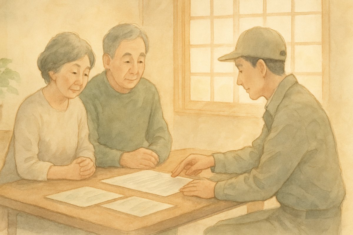 低いテーブルで作業服の人から書類の説明を受けている60代の夫婦