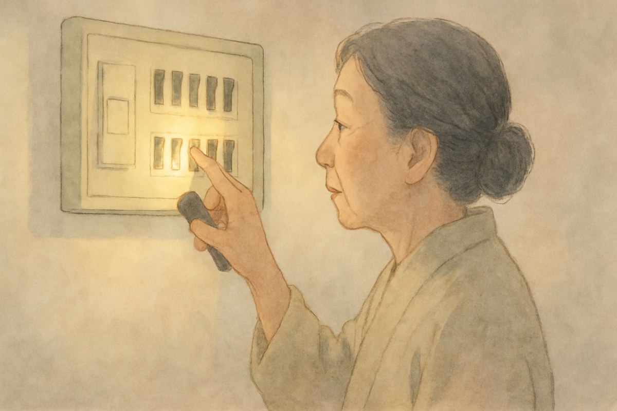 分電盤の前で、懐中電灯を手にブレーカーを確かめている60代の女性