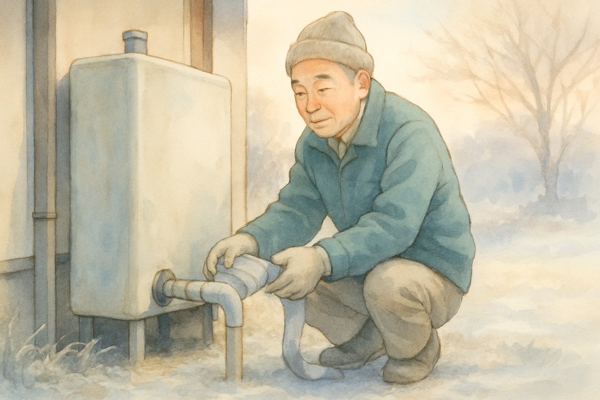 霜の降りた朝、屋外の貯湯タンクのそばで露出した配管に保温材を巻いている60代の男性