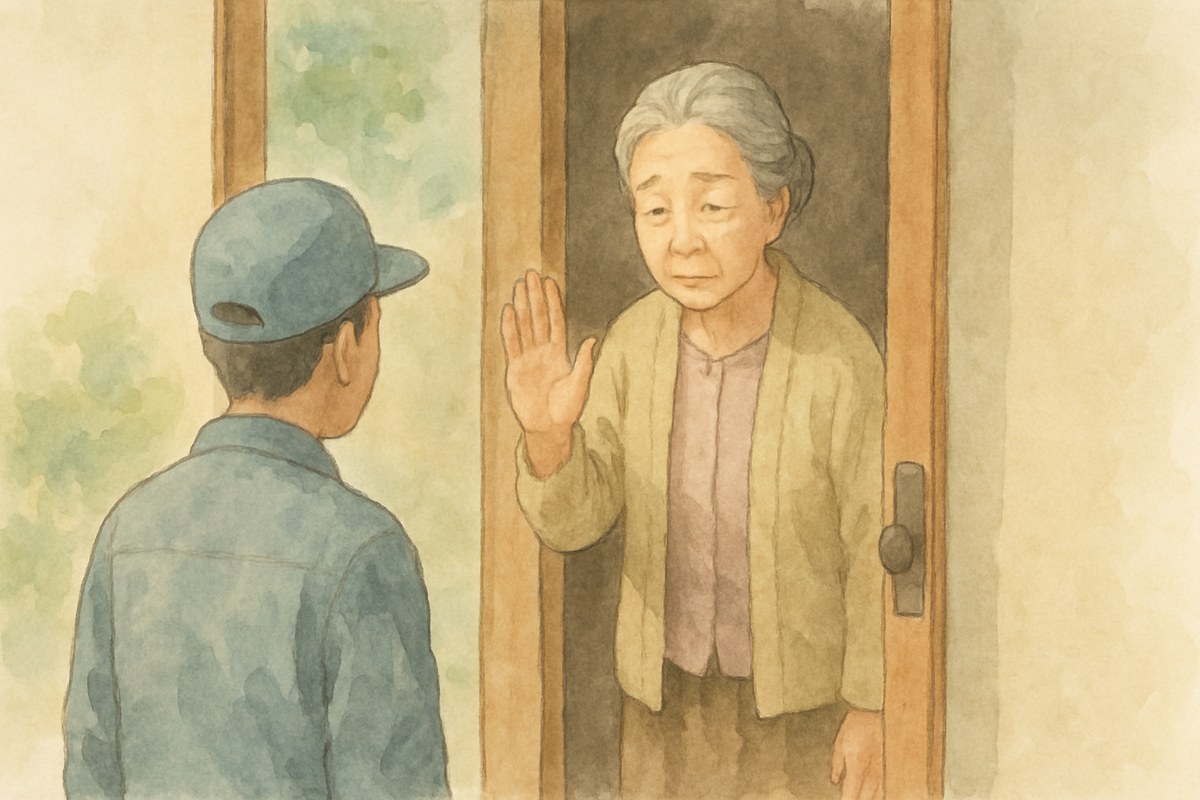 玄関のドアを半分閉めたまま、片手を上げて訪問者の勧誘を断っている70代の女性