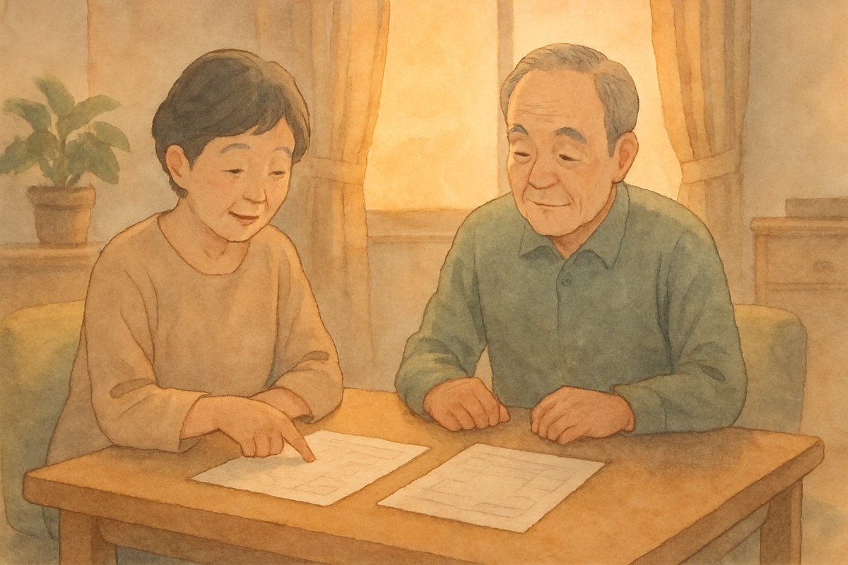 低いテーブルで見積書を指さして内訳を確かめている60代の夫婦