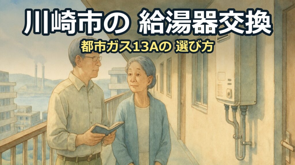 マンションの外廊下で、壁の給湯器を見ながら話す60代の夫婦